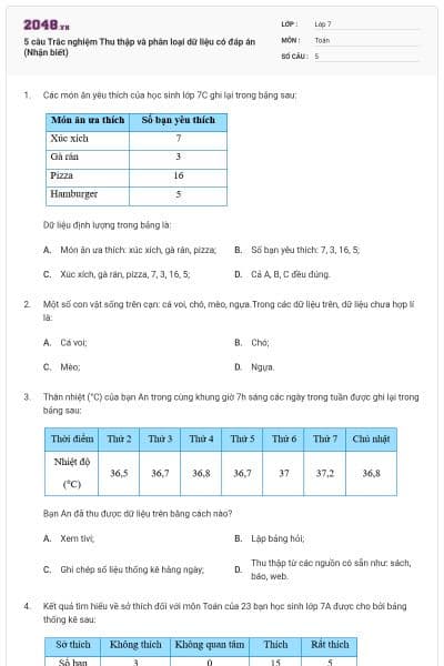 5 câu Trắc nghiệm Thu thập và phân loại dữ liệu có đáp án (Nhận biết)