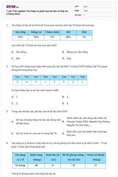 7 câu Trắc nghiệm Thu thập và phân loại dữ liệu có đáp án (Thông hiểu)