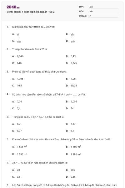 Đề thi cuối kì 1 Toán lớp 5 có đáp án - Đề 2