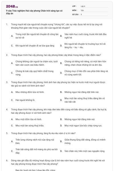 9 câu Trắc nghiệm Hai cây phong Chân trời sáng tạo có đáp án