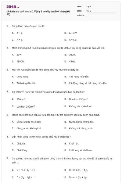 Đề kiểm tra cuối học kì 2 Vật lý 8 có đáp án (Mới nhất) (Đề 20)