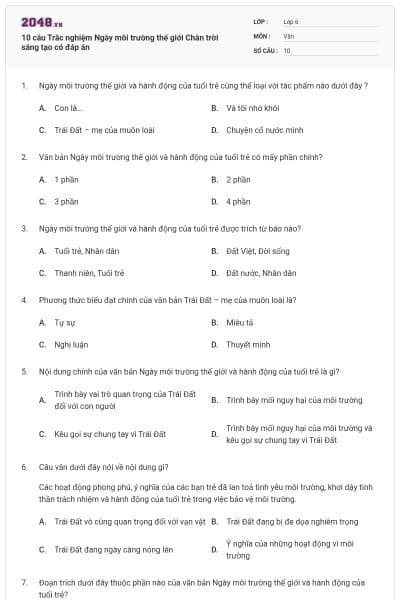 10 câu Trắc nghiệm Ngày môi trường thế giới Chân trời sáng tạo có đáp án