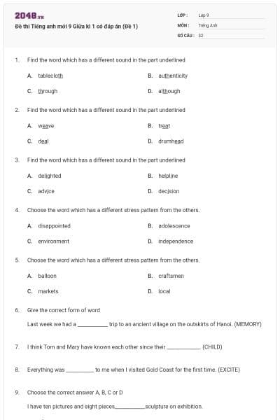 Đề thi Tiếng anh mới 9 Giữa kì 1 có đáp án (Đề 1)
