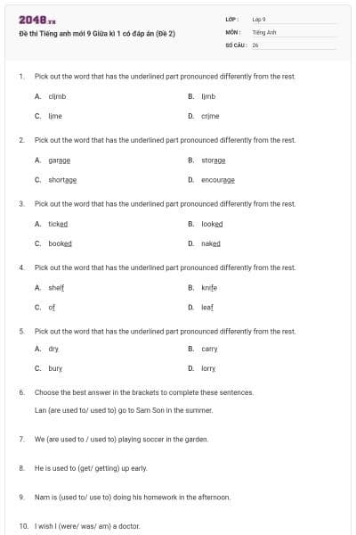 Đề thi Tiếng anh mới 9 Giữa kì 1 có đáp án (Đề 2)