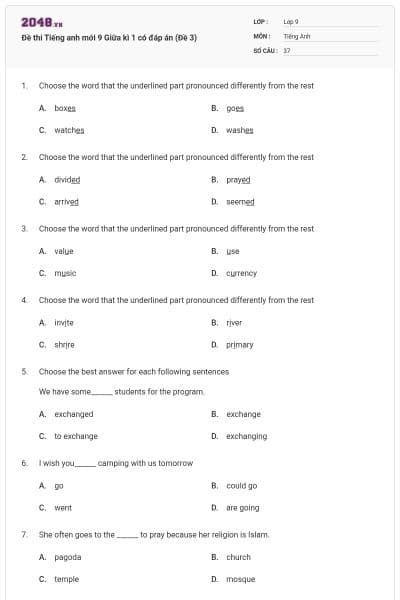 Đề thi Tiếng anh mới 9 Giữa kì 1 có đáp án (Đề 3)