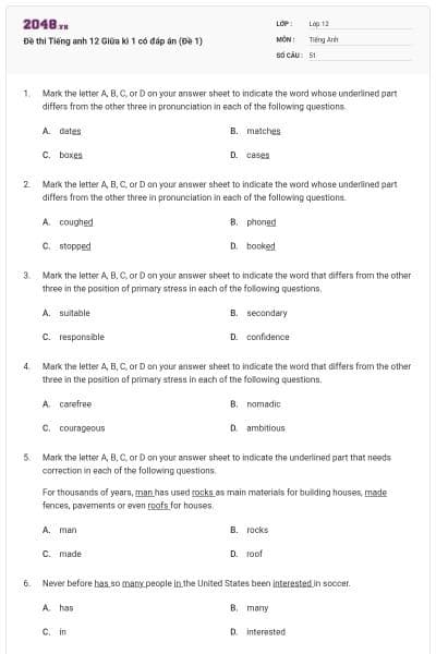 Đề thi Tiếng anh 12 Giữa kì 1 có đáp án (Đề 1)