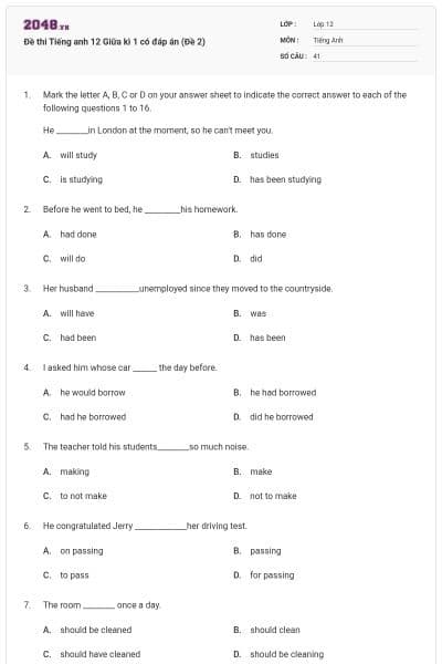 Đề thi Tiếng anh 12 Giữa kì 1 có đáp án (Đề 2)