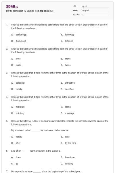 Đề thi Tiếng anh 12 Giữa kì 1 có đáp án (Đề 3)