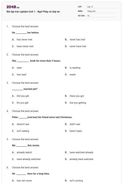 Bài tập trắc nghiệm Unit 1 - Ngữ Pháp có đáp án