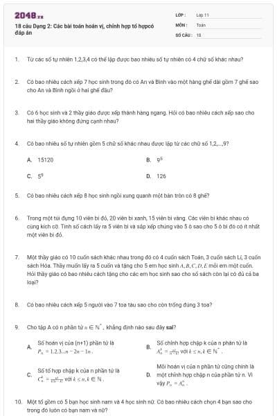 18 câu Dạng 2: Các bài toán hoán vị, chỉnh hợp tổ hợpcó đáp án