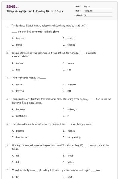 Bài tập trắc nghiệm Unit 1 - Reading điền từ có đáp án