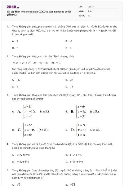 Bài tập Hình học không gian OXYZ cơ bản, nâng cao có lời giải (P12)