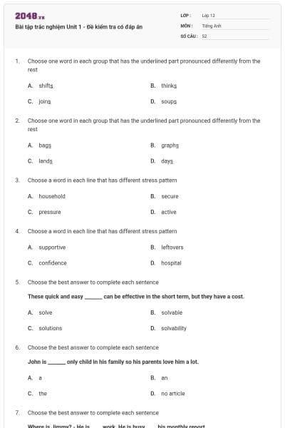 Bài tập trắc nghiệm Unit 1 - Đề kiểm tra có đáp án