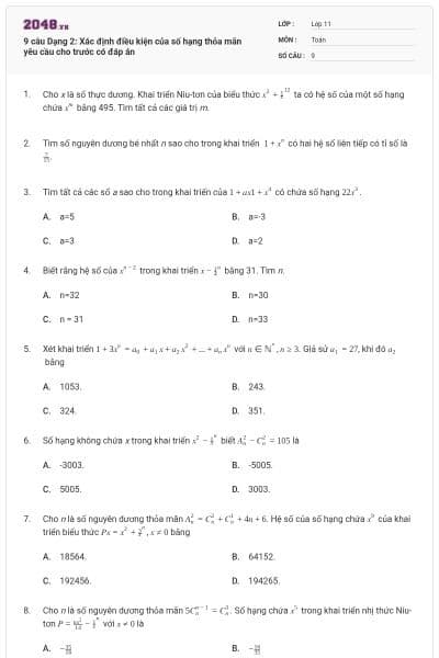 9 câu Dạng 2: Xác định điều kiện của số hạng thỏa mãn yêu cầu cho trước có đáp án