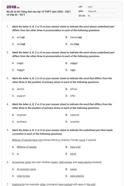Bộ đề ôn thi Tiếng Anh vào lớp 10 THPT năm 2020 - 2021 có đáp án - Đề 5