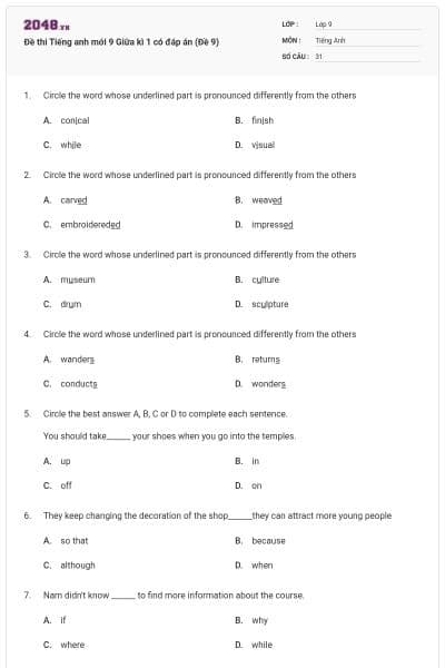 Đề thi Tiếng anh mới 9 Giữa kì 1 có đáp án (Đề 9)