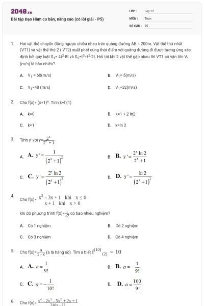 Bài tập Đạo Hàm cơ bản, nâng cao (có lời giải - P5)