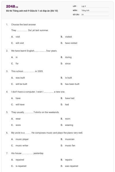 Đề thi Tiếng anh mới 9 Giữa kì 1 có đáp án (Đề 10)