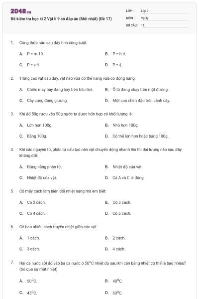 Đề kiểm tra học kì 2 Vật lí 9 có đáp án (Mới nhất) (Đề 17)