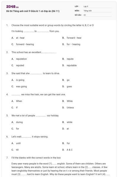 Đề thi Tiếng anh mới 9 Giữa kì 1 có đáp án (Đề 11)