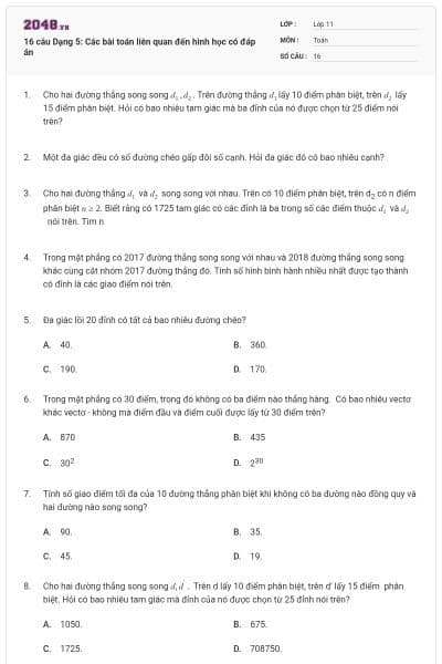 16 câu Dạng 5: Các bài toán liên quan đến hình học có đáp án