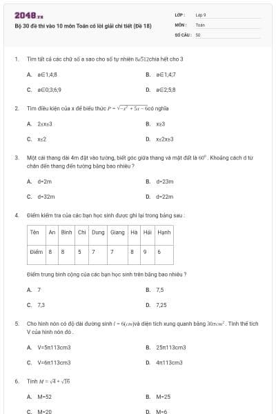 Bộ 30 đề thi vào 10 môn Toán có lời giải chi tiết (Đề 18)