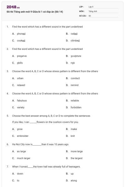Đề thi Tiếng anh mới 9 Giữa kì 1 có đáp án (Đề 14)