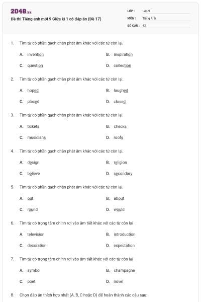Đề thi Tiếng anh mới 9 Giữa kì 1 có đáp án (Đề 17)