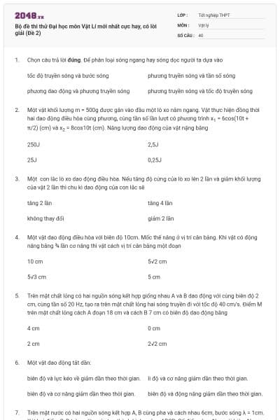 Bộ đề thi thử Đại học môn Vật Lí mới nhất cực hay, có lời giải (Đề 2)