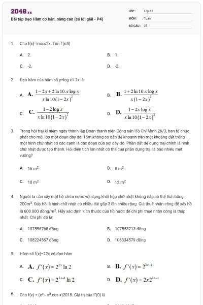 Bài tập Đạo Hàm cơ bản, nâng cao (có lời giải - P4)