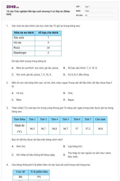 10 câu Trắc nghiệm Bài tập cuối chương 5 có đáp án (Nhận biết)
