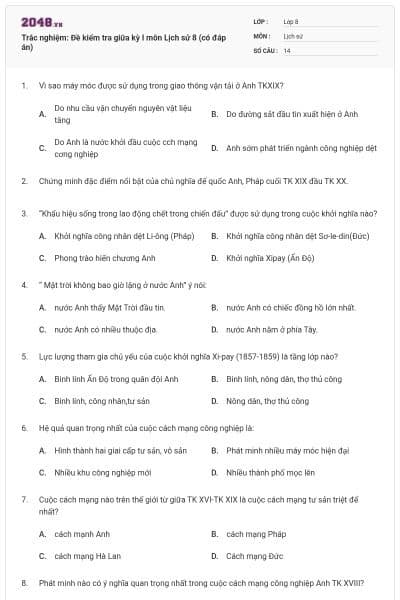 Trắc nghiệm: Đề kiểm tra giữa kỳ I môn Lịch sử 8 (có đáp án)