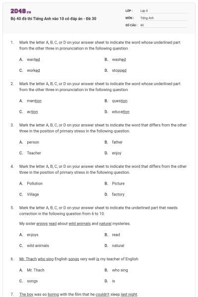 Bộ 40 đề thi Tiếng Anh vào 10 có đáp án - Đề 30