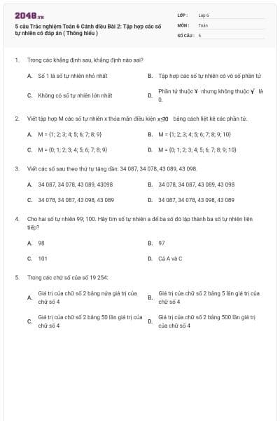 5 câu Trắc nghiệm Toán 6 Cánh diều Bài 2: Tập hợp các số tự nhiên có đáp án ( Thông hiểu )