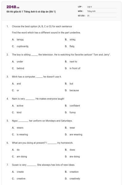 Đề thi giữa kì 1 Tiếng Anh 6 có đáp án (Đề 1)