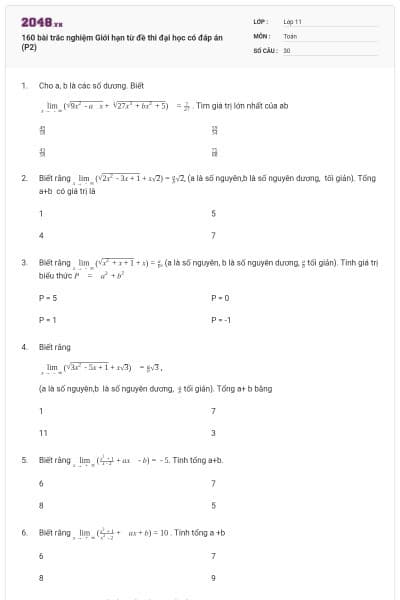 160 bài trắc nghiệm Giới hạn từ đề thi đại học có đáp án (P2)