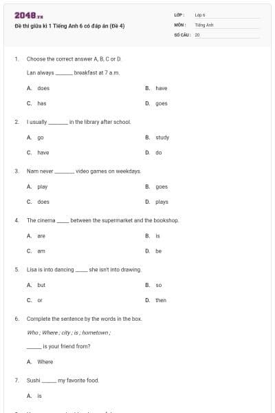 Đề thi giữa kì 1 Tiếng Anh 6 có đáp án (Đề 4)