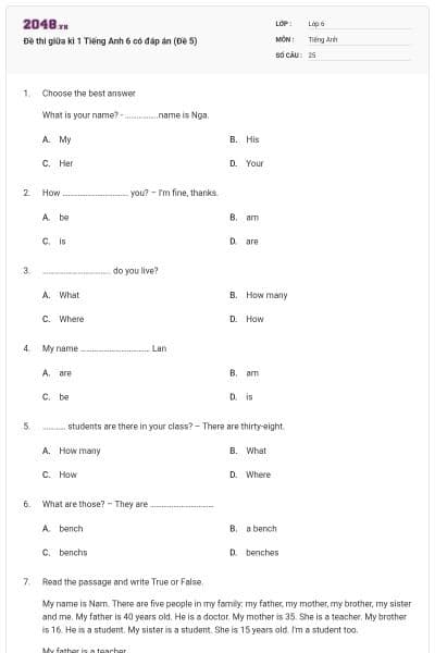 Đề thi giữa kì 1 Tiếng Anh 6 có đáp án (Đề 5)