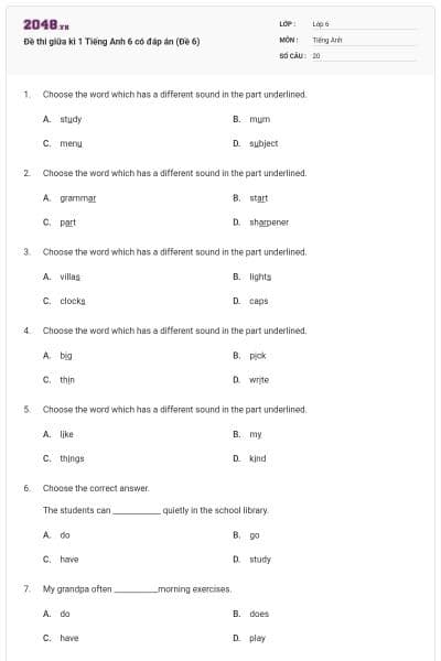 Đề thi giữa kì 1 Tiếng Anh 6 có đáp án (Đề 6)
