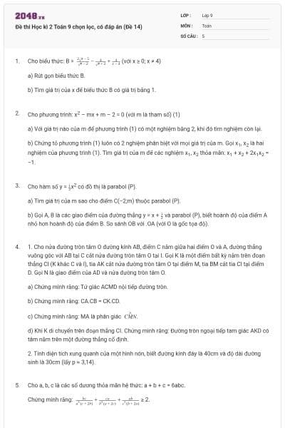 Đề thi Học kì 2 Toán 9 chọn lọc, có đáp án (Đề 14)