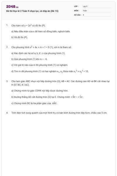 Đề thi Học kì 2 Toán 9 chọn lọc, có đáp án (Đề 15)