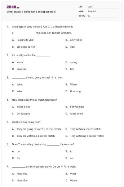 Đề thi giữa kì 1 Tiếng Anh 6 có đáp án (Đề 9)