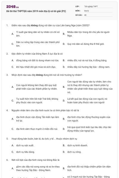 Đề thi thử THPTQG năm 2019 môn Địa lý có lời giải (P2)