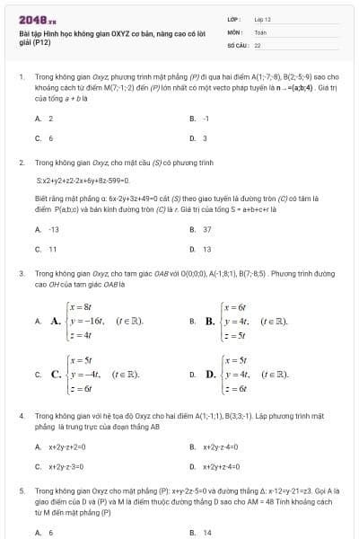 Bài tập Hình học không gian OXYZ cơ bản, nâng cao có lời giải (P12)