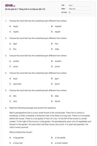 Đề thi giữa kì 1 Tiếng Anh 6 có đáp án (Đề 14)