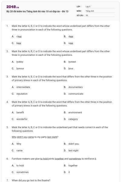 Bộ 20 đề kiểm tra Tiếng Anh thi vào 10 có đáp án - Đề 13
