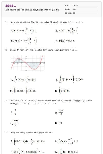 213 câu Bài tập Tích phân cơ bản, nâng cao có lời giải (P2)