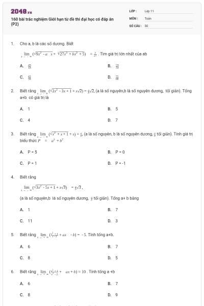 160 bài trắc nghiệm Giới hạn từ đề thi đại học có đáp án (P2)