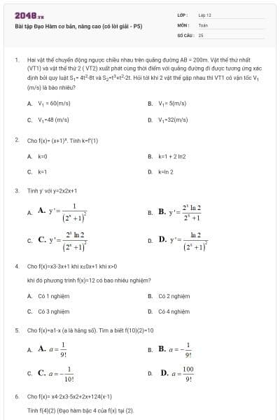 Bài tập Đạo Hàm cơ bản, nâng cao (có lời giải - P5)