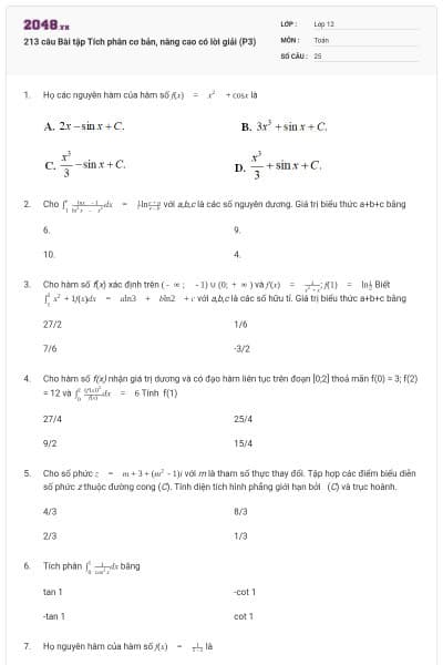 213 câu Bài tập Tích phân cơ bản, nâng cao có lời giải (P3)